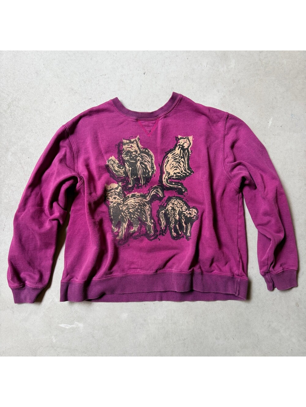 Purple Cat Graphic Crewneck Sweatshirt Faded Cozy Pullover